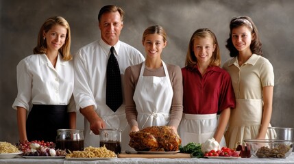 Caucasian family preparing thanksgiving meal with roast turkey and side dishes