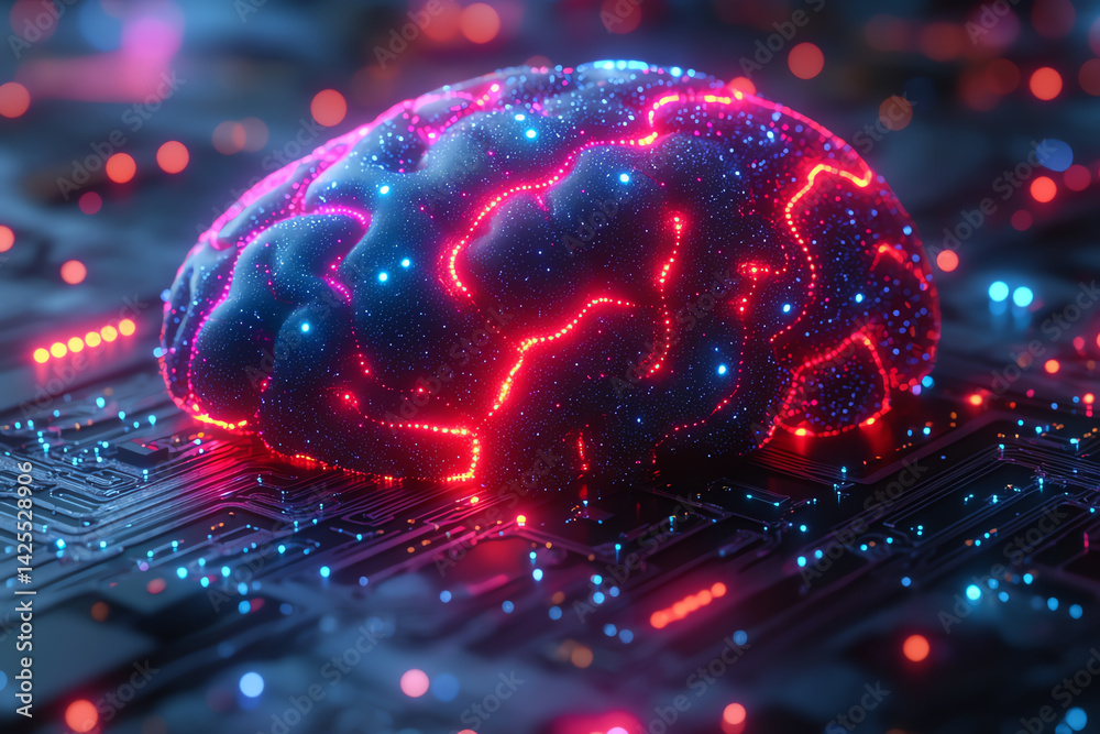 Poster A vibrant digital brain illuminated with neon lights, symbolizing artificial intelligence and advanced technology.