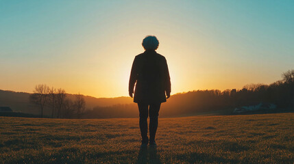 ﻿
Elderly runner silhouetted against sunrise, motion trail effect; celebrating active aging and vitality