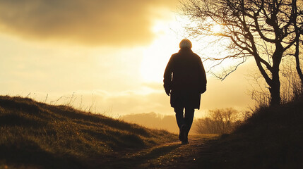 ﻿
Elderly runner silhouetted against sunrise, motion trail effect; celebrating active aging and vitality