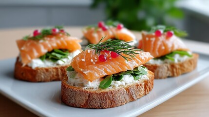 Plate of four small sandwiches with salmon and greens. The sandwiches are on a white plate and are arranged neatly