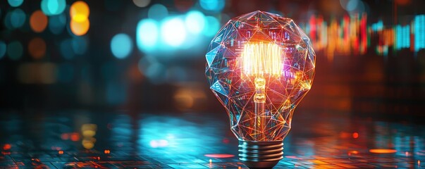 Polygon lightbulb in futuristic blockchain lamp concept. Illuminated light bulb with colorful reflections in modern design.