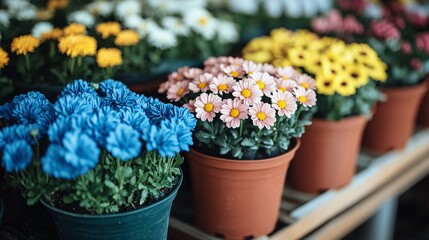 Fototapeta premium colorful potted flowers displaying blue, pink, and yellow blooms in garden environment