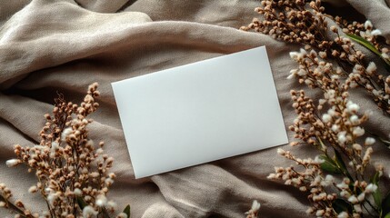 Blank white card on linen fabric with dried flowers, natural rustic theme.