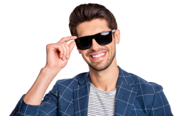 Close-up portrait of his he nice attractive lovely cheerful cheery glad businessman wearing blue checked blazer cool modern outfit touching specs isolated over light white pastel background