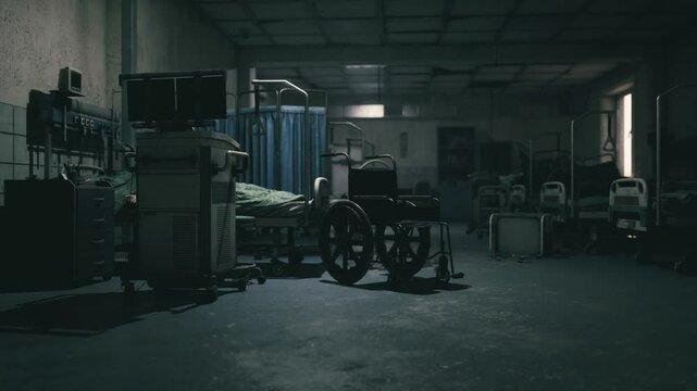 In a dimly lit, abandoned hospital ward, an empty wheelchair stands beside hospital beds, evoking a sense of eerie loneliness and forgotten stories within the aged walls.