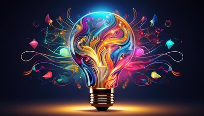 Vibrant Abstraction A Glowing Lightbulb Emanating Colorful Shapes and Lines on a Dark Backdrop at Twilight Captivating Digital Art or Home Decor Piece