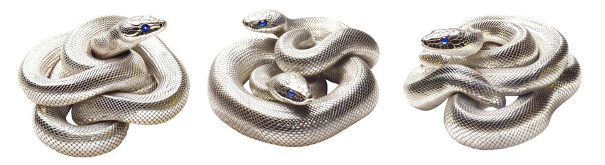 Fototapeta premium Coiled silver snake sculpture with detailed scales isolated on white transparent background, reptiles or wildlife, symbolizing Chinese Lunar New year