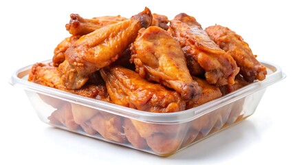 Stack of chicken wings in take out container isolated on white background