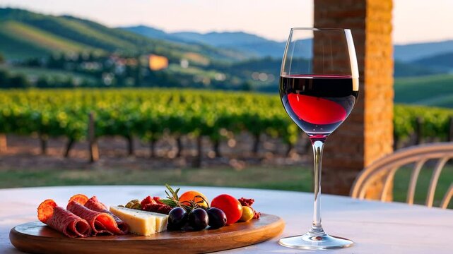 A glass of red wine with Italian antipasto with cheese, ham and olives, served on the table with vineyard background	