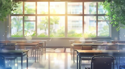 Beautiful blurred background of bright classroom and study room with panoramic windows and beautiful lighting. Blurred Empty school background