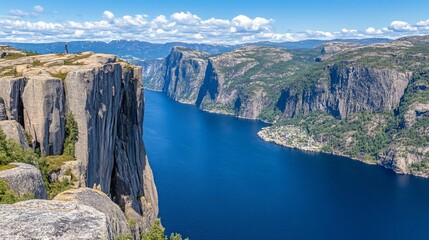Majestic fjord from a high cliff.  A hiker stands on a towering rock formation overlooking a tranquil fjord