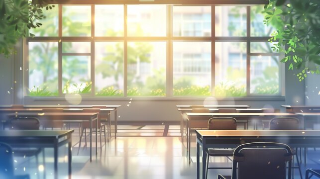 Beautiful blurred background of bright classroom and study room with panoramic windows and beautiful lighting. Blurred Empty school background