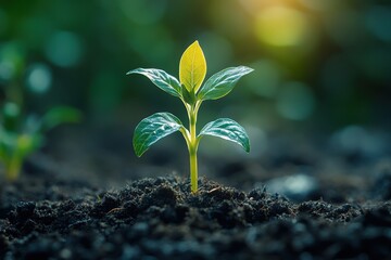 A young green plant sprouting from dark soil, symbolizing growth and new beginnings in a vibrant natural setting.