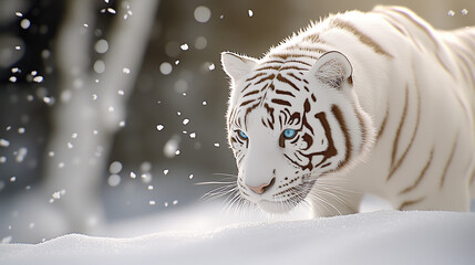 A Majestic White Tiger Standing in Snowfall