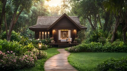 A charming and secluded wooden cabin surrounded by a well tended garden with a winding pathway leading to the inviting entrance amidst the serene natural setting of a dense forest