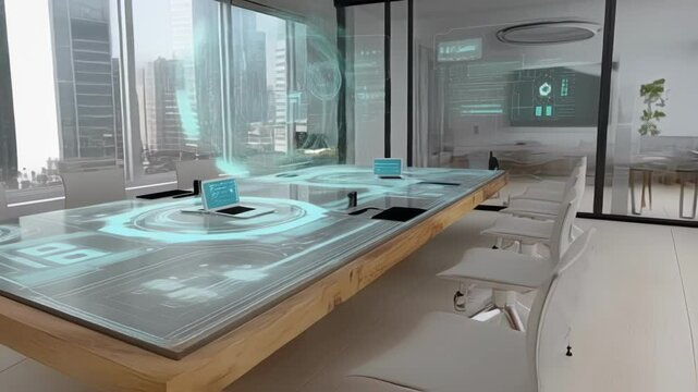 Holographic projections emerge from a futuristic conference room table, showcasing complex data visualizations in a sleek, modern office space with a city view