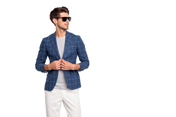 Portrait of his he nice-looking attractive charming lovely content luxury rich wealthy businessman...