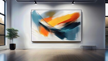 Vibrant Geometric Abstraction Gracing a White Gallery Wall A Symphony of Colors and Textures in the Modern Art Exhibition, Embracing the Pioneering Spirit of Generative AI.