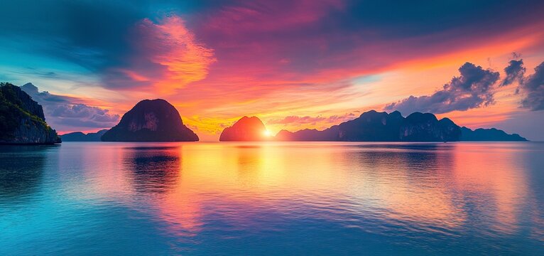 Panoramic view of a colorful sunset over the sea with mountains in Thailand, captured with a wide-angle lens, in high resolution and high definition, with sharp focus and details, no blur, and bright,