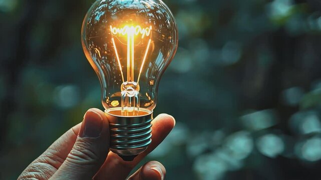 Illuminating Idea: A hand delicately holds a glowing light bulb against a blurry natural backdrop, symbolizing innovation and bright ideas. 