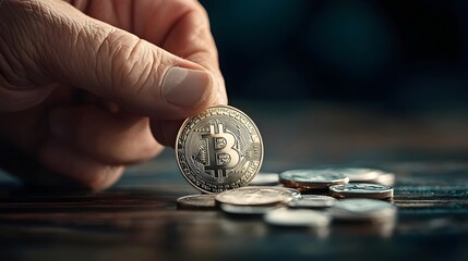 Close up view of a person s hand holding a single Bitcoin cryptocurrency coin surrounded by other scattered coins