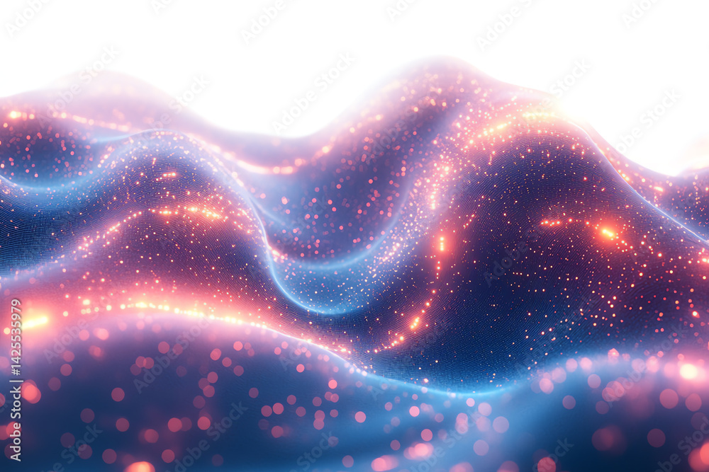 Leinwandbilder An abstract digital landscape with flowing waves of vibrant colors and glowing particles, creating a sense of depth and motion.
