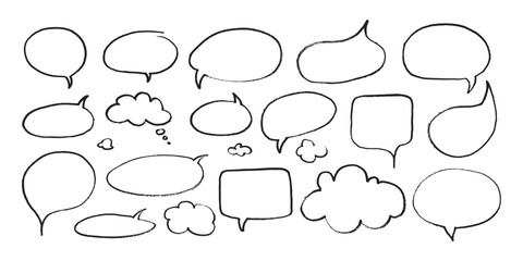 Dialogue speech bubbles with pen or crayon chalk doodle emphasis hand drawn style vector illustration set. Chat balloons crayon chalk style various dialogue frames collection hand drawn sketch style.