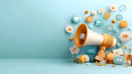 A megaphone surrounded by various social media and digital marketing icons indicating the power of online outreach and promotion for businesses
