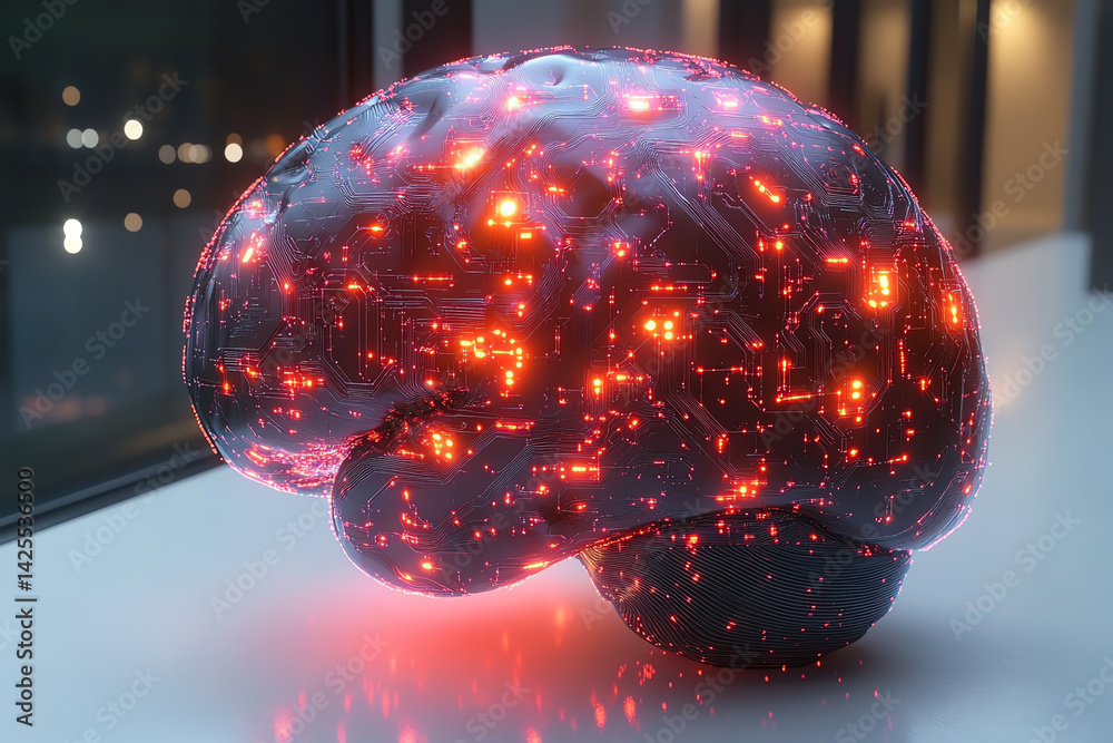 Poster An illuminated brain sculpture representing advanced concepts in neuroscience and technology.