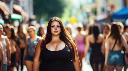 Fototapeta premium Stylish plus-size woman walking through a busy urban crowd, confidently standing out and promoting body positivity and self-assurance.