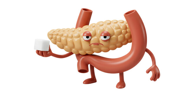 Pancreas health concept illustration with refined product cube and tired face expression for medical use on transparent background