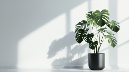3D rendering of a monstera plant in a black pot on a white wall background with a window shadow.