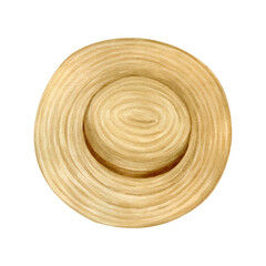 Fototapeta premium Straw hat isolated from background, hand painted with watercolor. Summer boater hat for seasonal compositions, patterns and packaging design