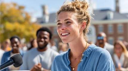 Obraz premium Woman with a microphone is smiling and wearing a necklace. She is surrounded by a crowd of people