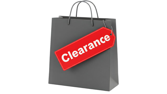Shop now: limited time clearance sale event with discount prices on retail items in shopping bag offer on transparent background