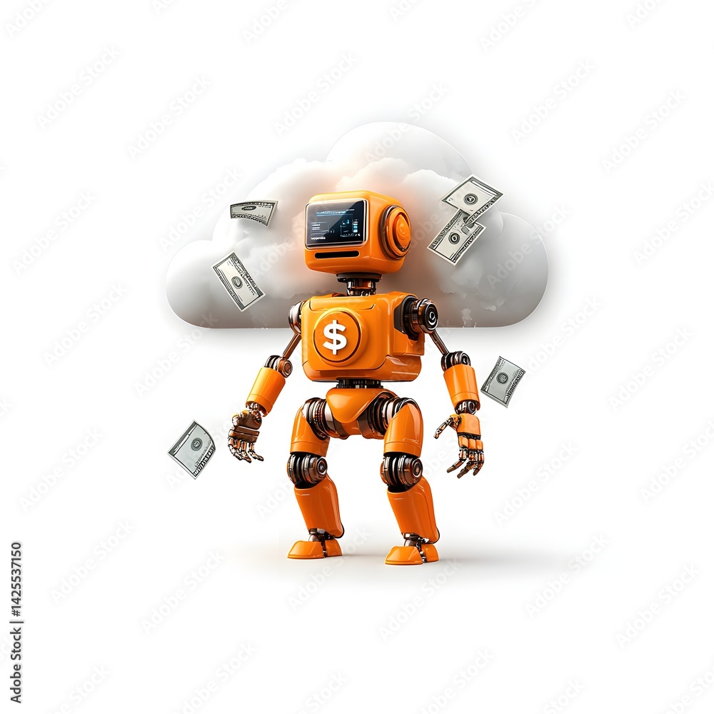 Poster a highly advanced robot equipped with financial capabilities operating in a virtual cloud based sett