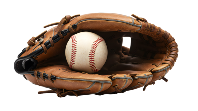 Baseball glove and ball equipment for sport game catching and throwing gear for training practice on transparent background