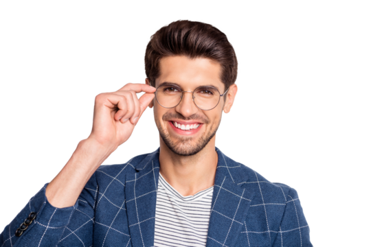 Close-up portrait of his he nice attractive cheerful cheery content top skilled executive HR director recruiter wearing checked blazer touching specs isolated over light white pastel background