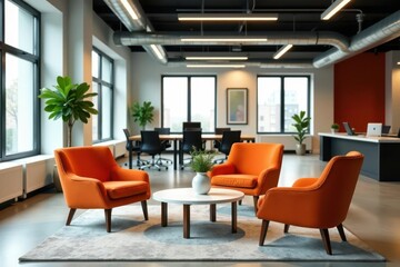 Fototapeta premium Orange accent chairs around low coffee table in open plan office , area, calm, contemporary