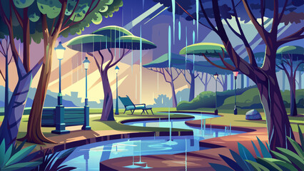 Obraz premium Stillness reigns as water drips from branches in a quiet, post-rain park