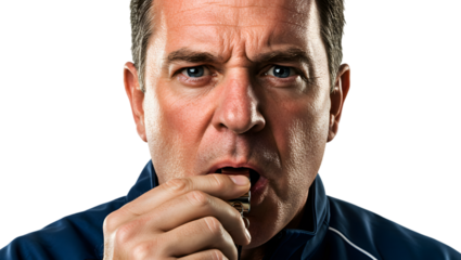 Angry coach blowing whistle sports official referee upset trainer intense game leader professional on transparent background