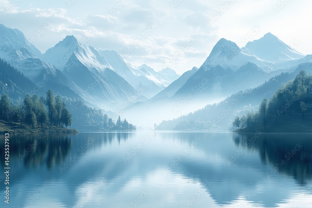 Aufkleber breathtaking view of misty mountains reflecting on a serene lake, creating a tranquil atmosphere for