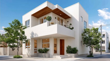 Fototapeta premium Large white house with a balcony and a tree in front of it. The house has a modern design and is surrounded by greenery