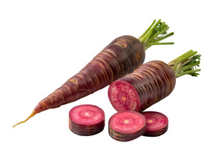 Purple Carrots: The vibrant colors and textures of organically grown purple carrots, one artfully sliced, showcase freshness and healthy eating in a bright and appealing presentation.