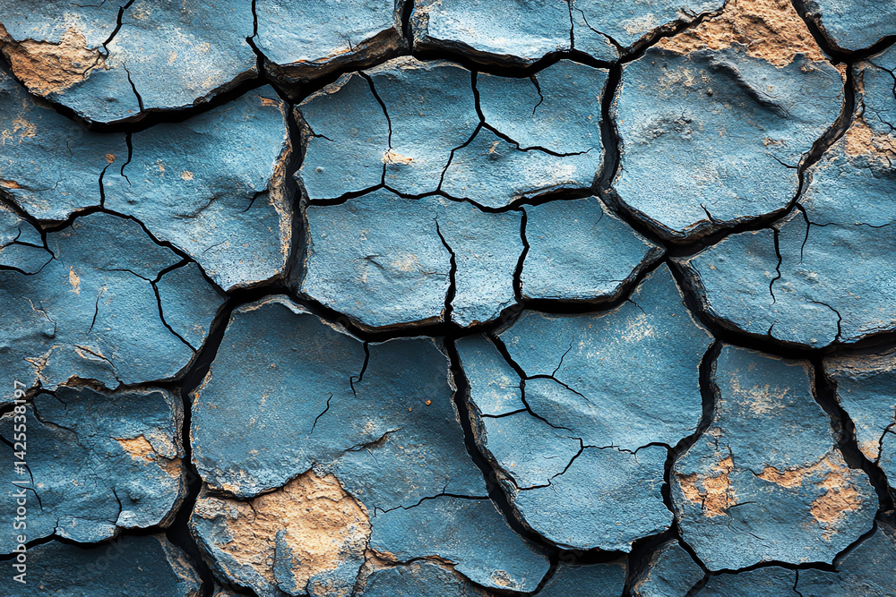 Poster close-up of a cracked blue paint surface, showcasing texture and color variations in an environmenta