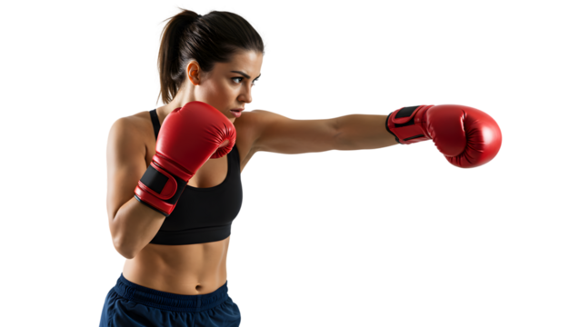 Woman boxing training with gloves fitness workout exercise martial arts sport fighter punch strength power on transparent background