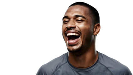 Portrait of a joyful man laughing heartily with great enthusiasm and happiness in a gray shirt on transparent background