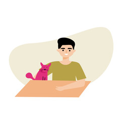 Illustration of a boy embacing a cat. Character of boy holding a pet vector art.