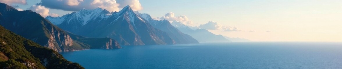 Majestic peaks descending to a tranquil ocean , aerial, wilderness